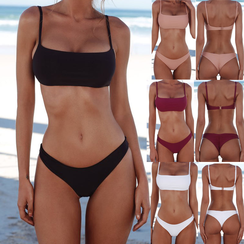 Split solid color bikini tight swimsuit backless sexy European and American swimwear