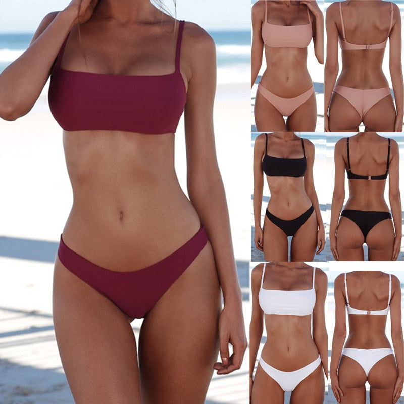 Split solid color bikini tight swimsuit backless sexy European and American swimwear