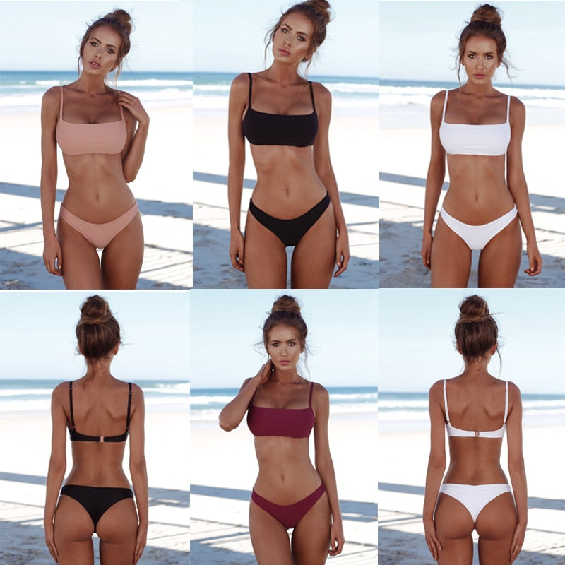 Split solid color bikini tight swimsuit backless sexy European and American swimwear