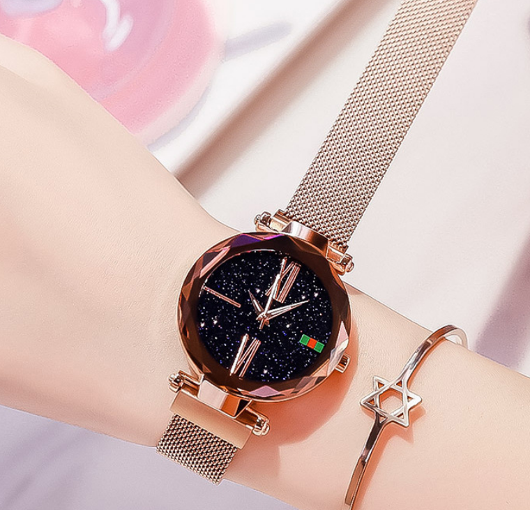 Luxury Women Watches Mesh Ladies Clock Magnet Buckle Starry Diamond Geometric Surface Quartz Wristwatch