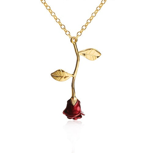 Alloy Red Rose Flower Pendant Necklace