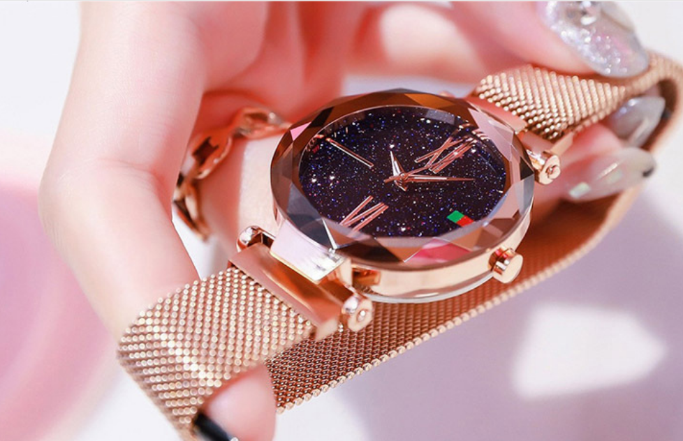 Luxury Women Watches Mesh Ladies Clock Magnet Buckle Starry Diamond Geometric Surface Quartz Wristwatch