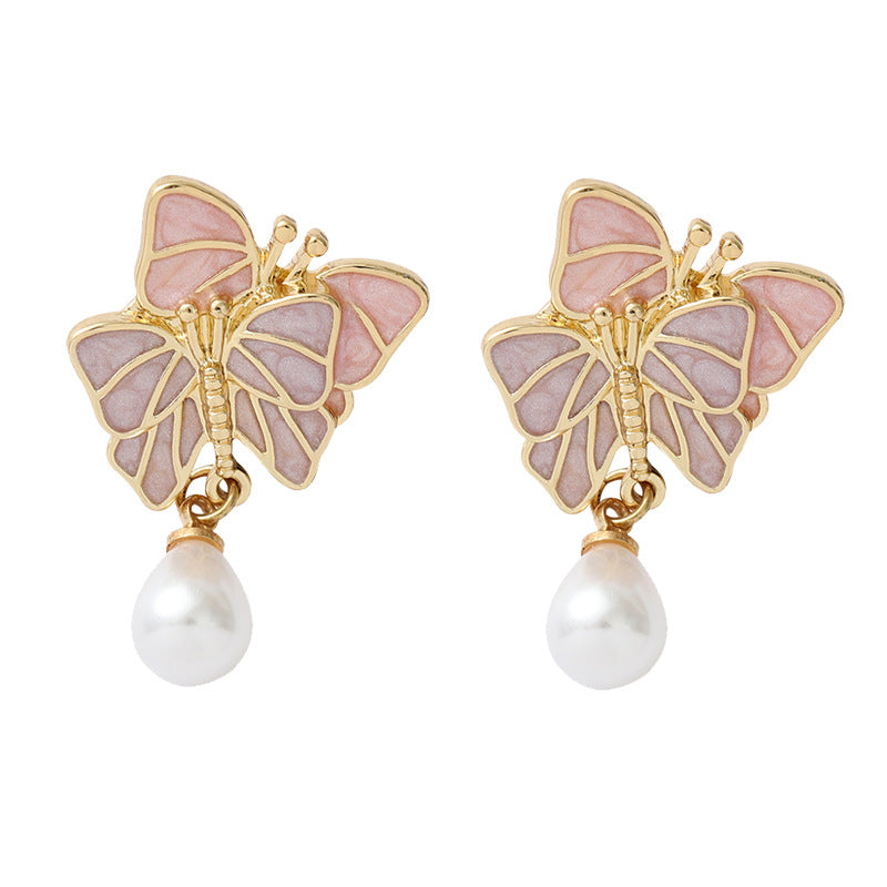 Simple Butterfly Pearl Earrings Alloy Butterfly Pearl