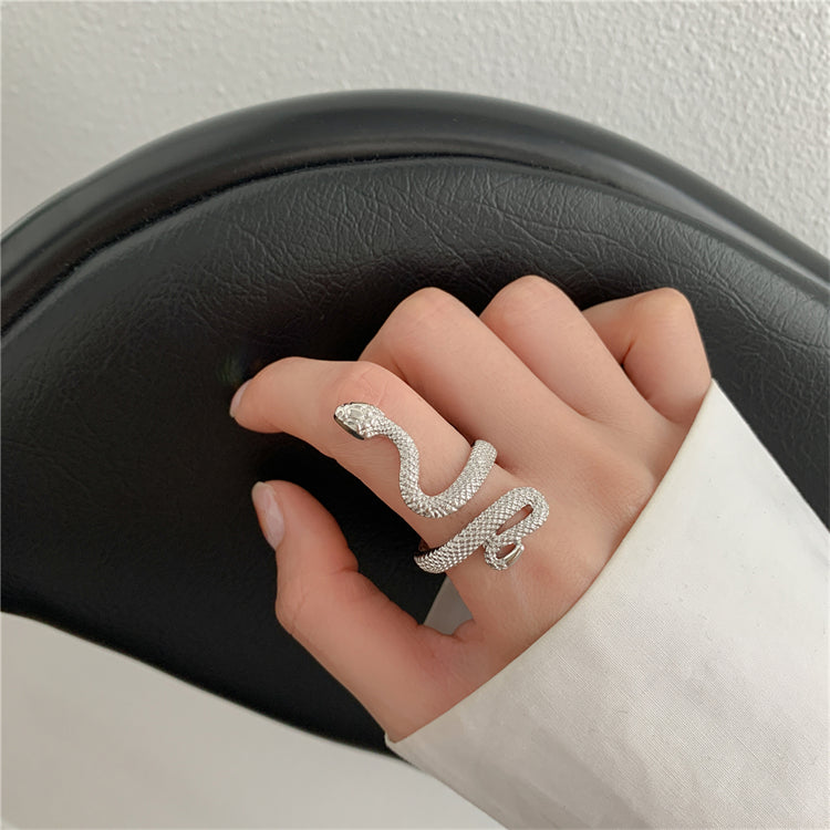 European and American retro open golden silver punk wind snake ring