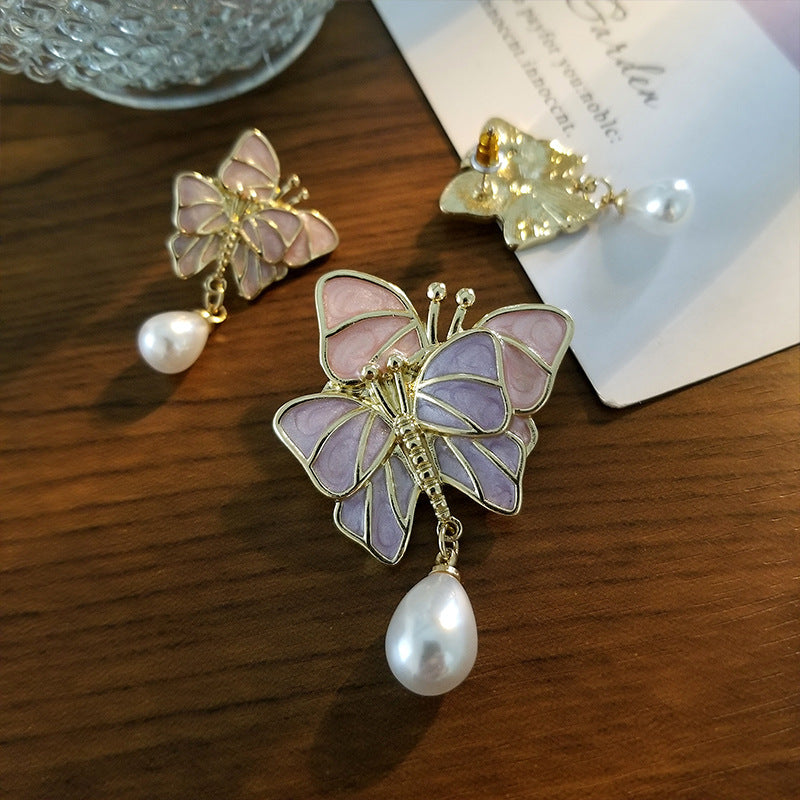 Simple Butterfly Pearl Earrings Alloy Butterfly Pearl