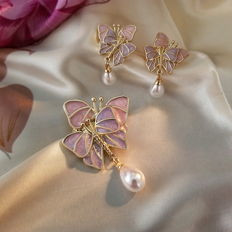 Simple Butterfly Pearl Earrings Alloy Butterfly Pearl